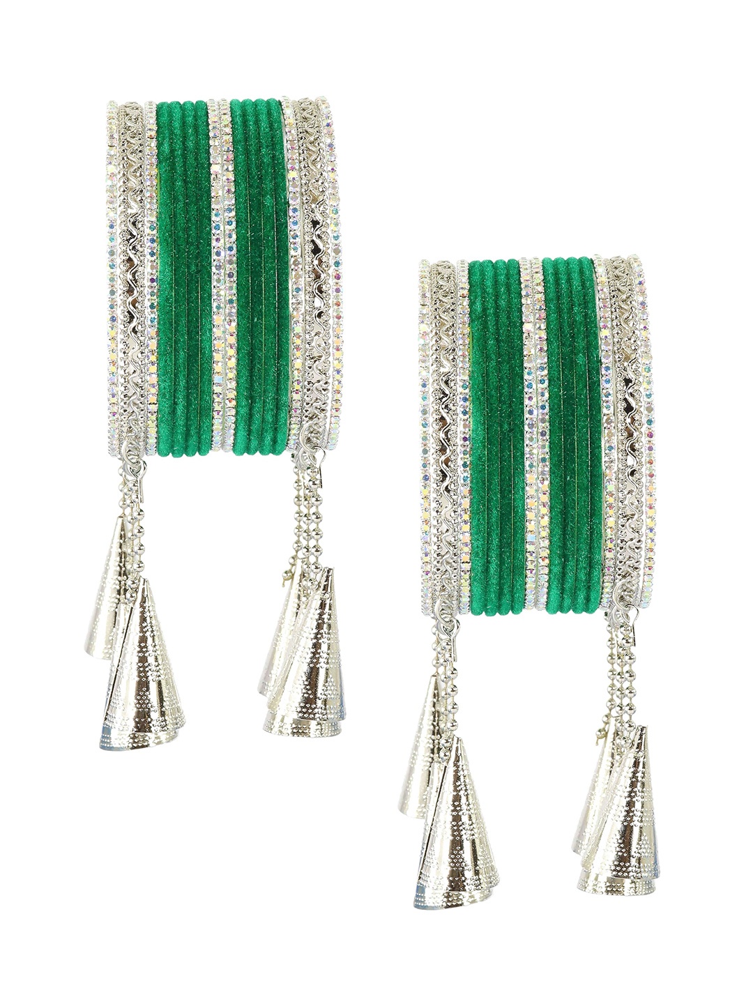 

ZULKA Set of 42 Stylish Velvet with Silver Oxidised Metal Latkan Bangles, Green