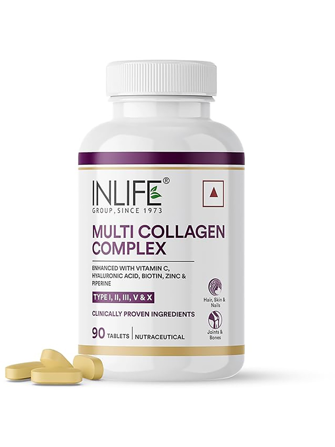 

INLIFE Multi Collagen Complex Supplement 5 Peptides For Skin & Hair - 90 Tablets, White