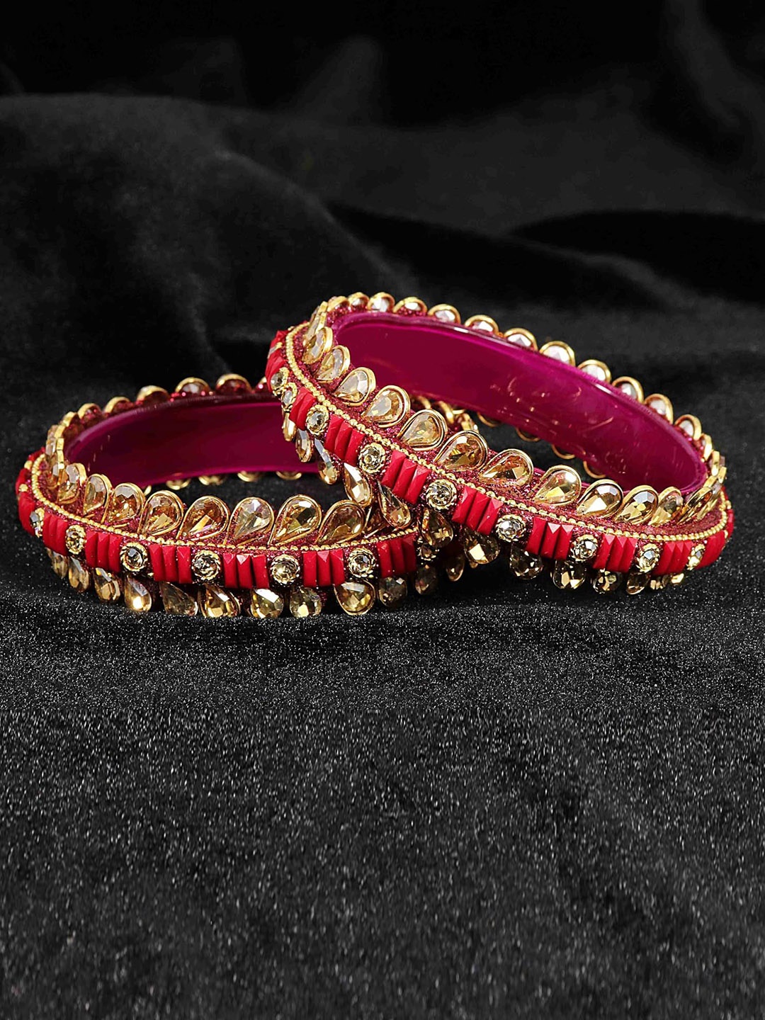 

ZULKA Set of 2 Glass Golden Kundan & Zircon Stone Stylish Bangles, Magenta