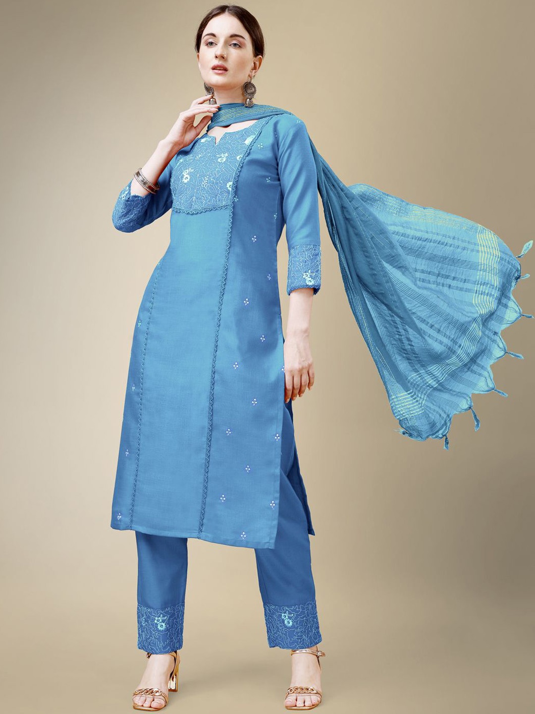 

BERISTON Floral Embroidered Straight Kurta with Trousers & Dupatta, Blue