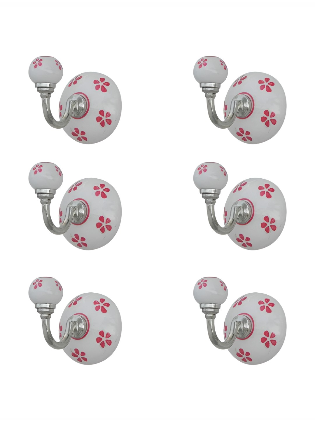 

IndianShelf Red & White 6 Pieces Floral Printed Ceramic Wall Hooks