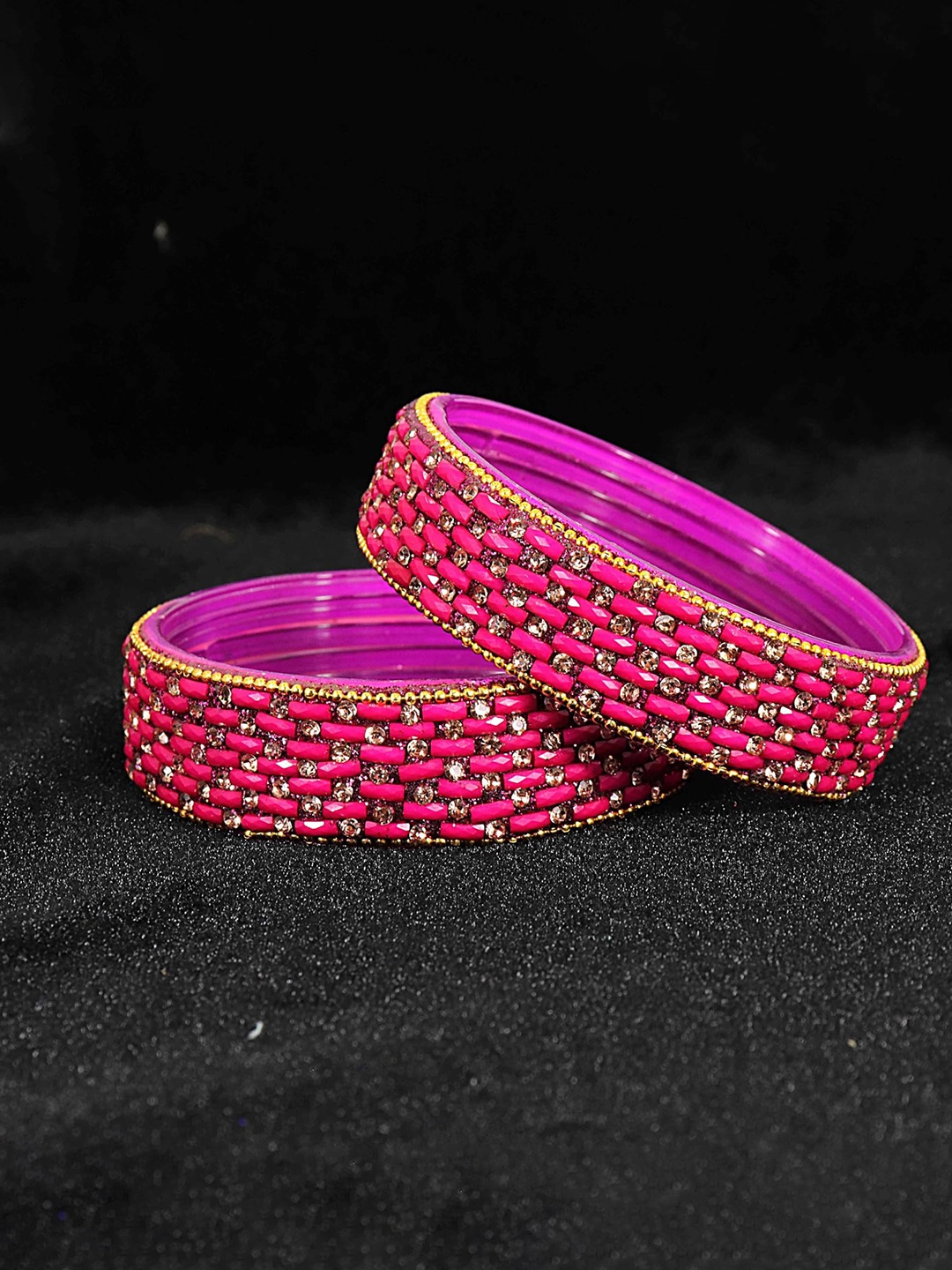 

ZULKA Set of 2 Glass Zircon Diamond & Beads Work Kada Bangles, Magenta