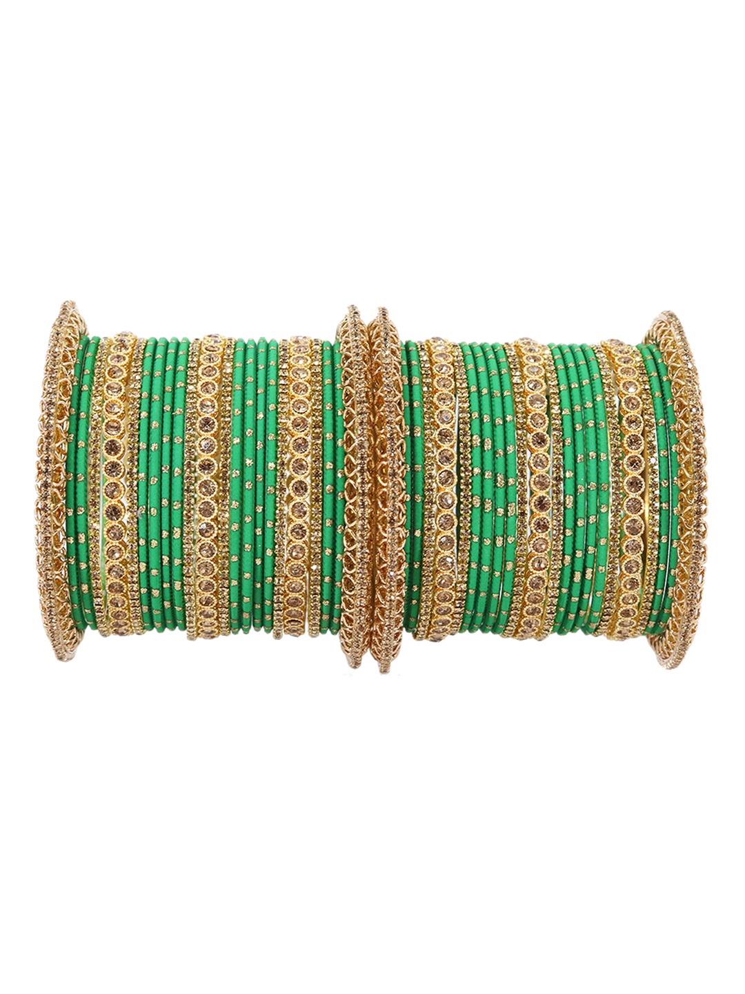 

ZULKA Set of 46 Gold-Plated Artificial Stones and Beads Studded Bangles, Green