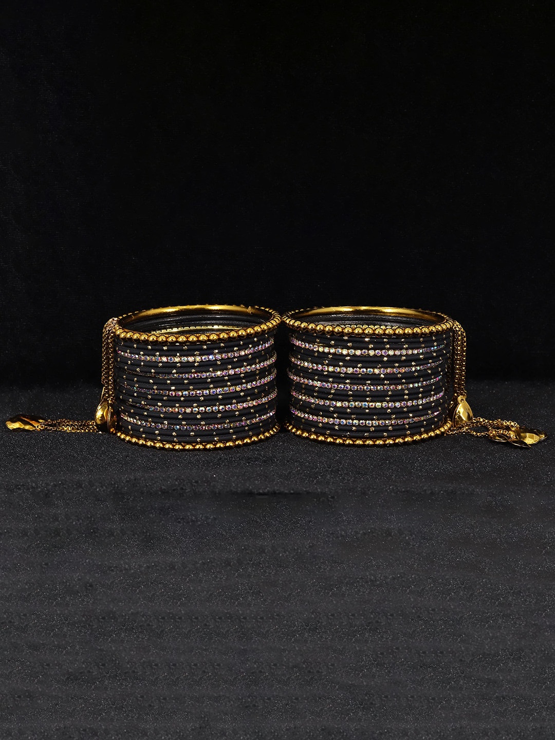 

ZULKA Set of 38 Non-Precious Metal with Base Metal Zari Dotted and Rainbow Zircon Gemstone bangles, Grey