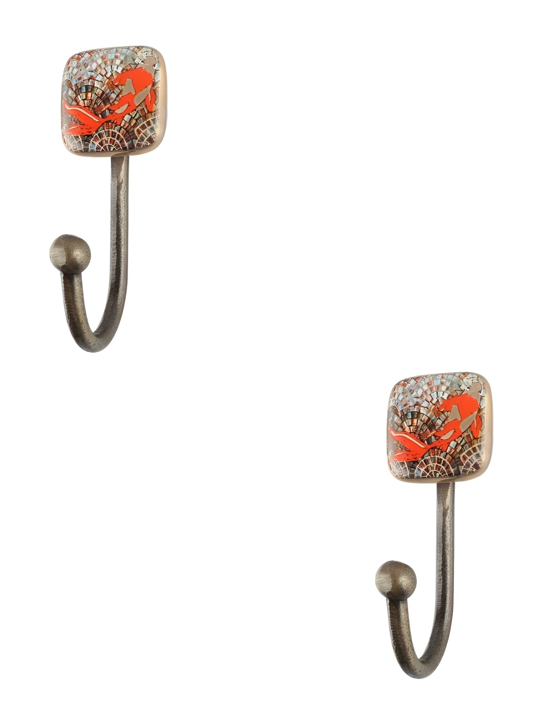 

IndianShelf Orange & Grey 2 Pcs Gold Fish Printed Ceramic Wall Hooks