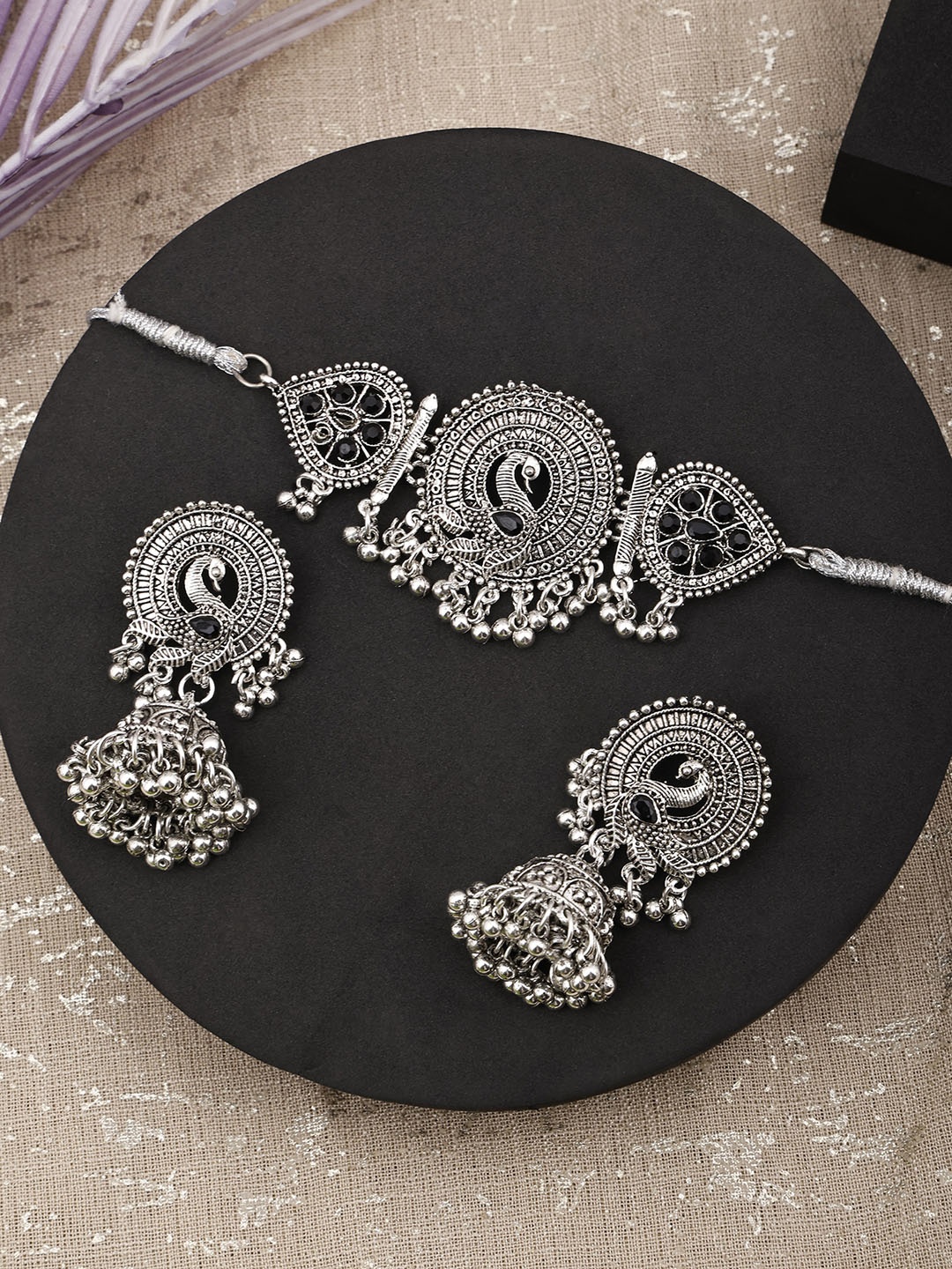 

SUNHARI Oxidized Stone Studded & Beaded Necklace & Earrings, Silver