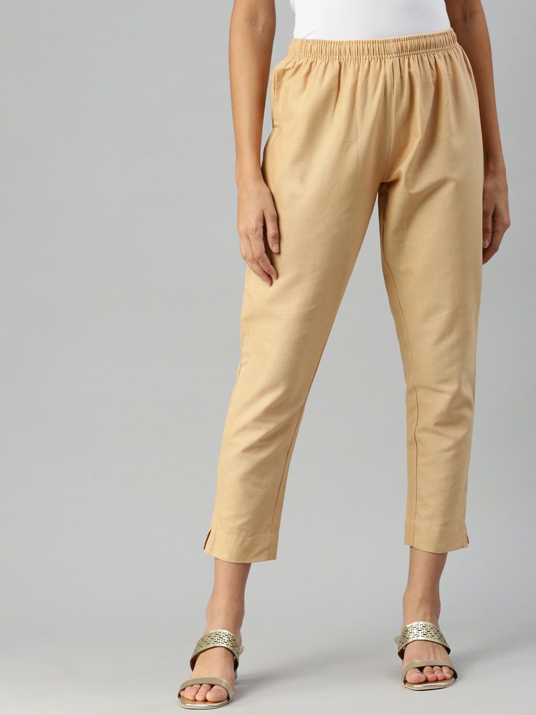 

IndianRang Women Relaxed Pure Cotton Trousers, Beige