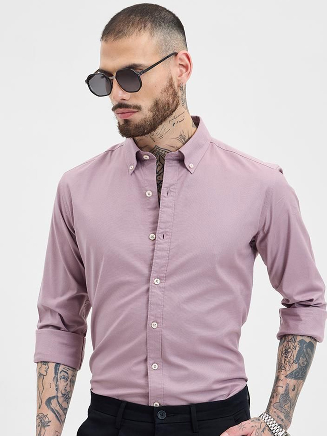 

Snitch Men Smart Button-Down Collar Solid Cotton Slim Fit Formal Shirt, Lavender