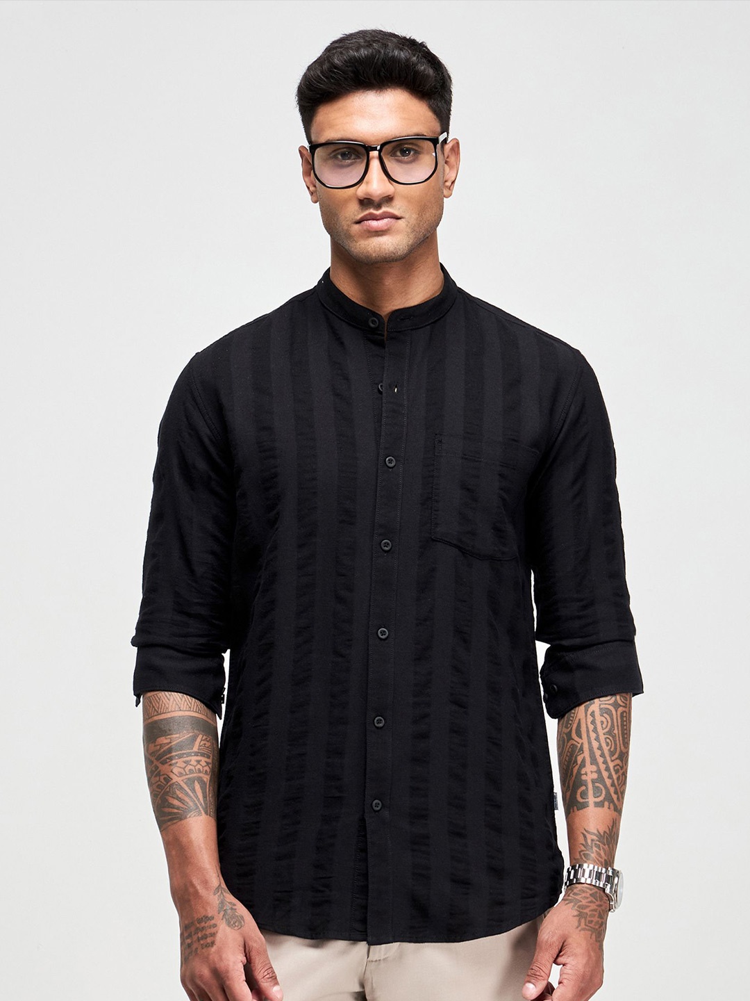 

Red Flame Men Band Collar Textured Cotton Casual Shirt, Black