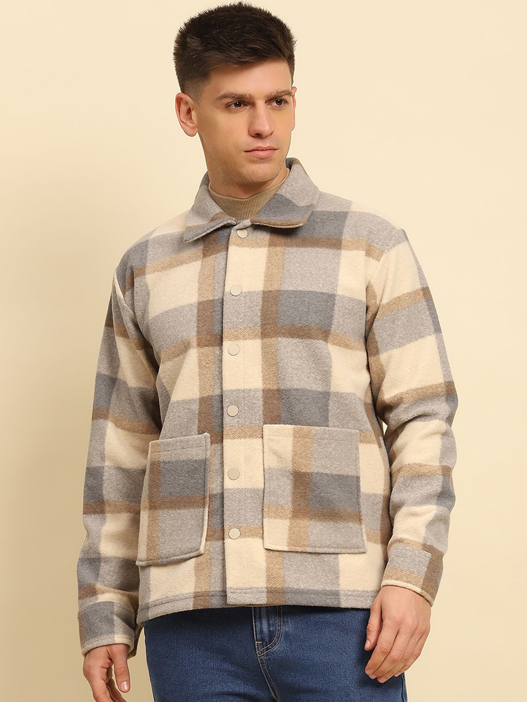 

Global Republic Men Checked Lightweight Tailored Jacket with Patchwork, Brown
