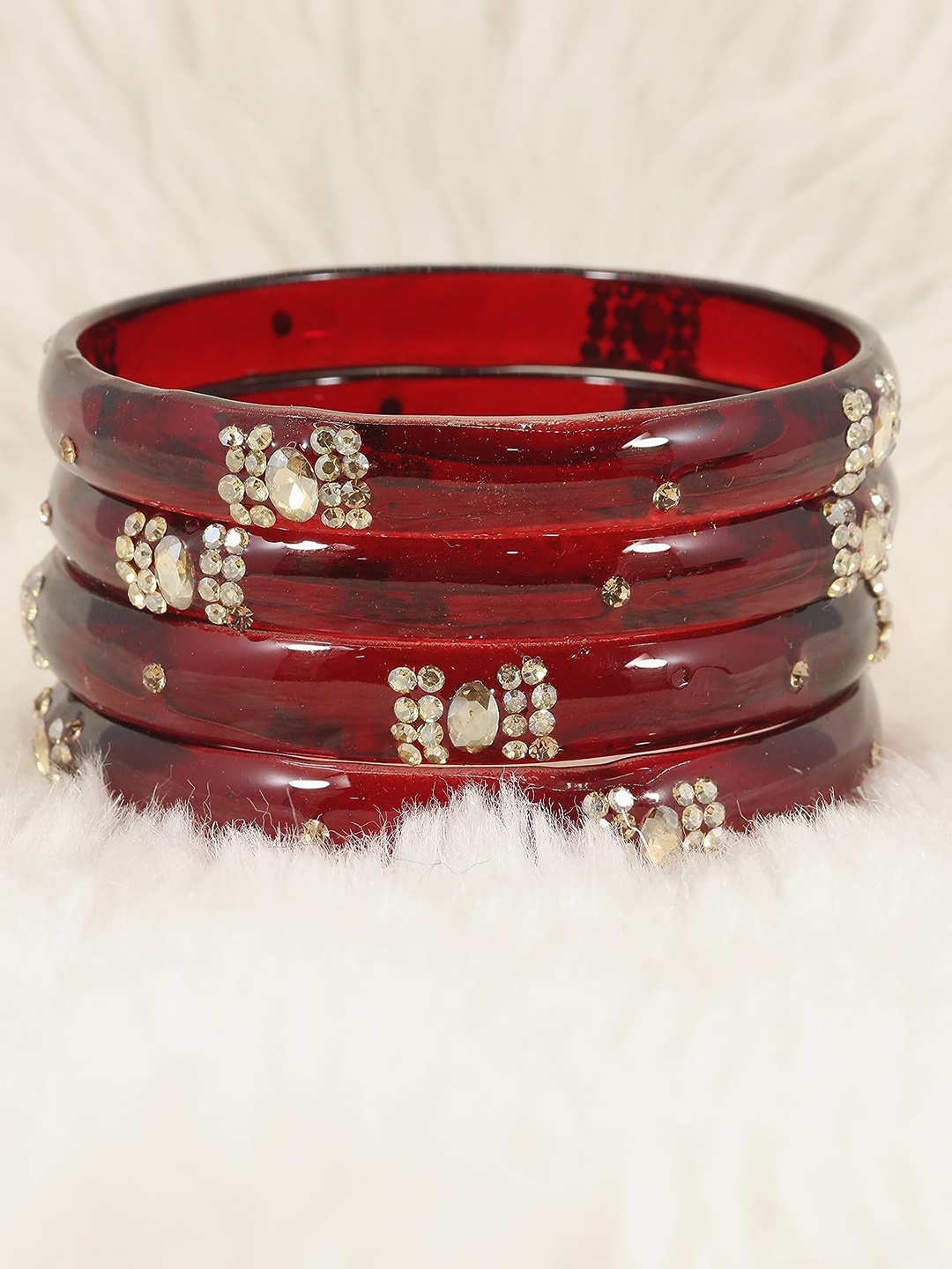 

ZULKA Set of 4 Artificial Stones and Beads Studded Glass Bangles, Maroon