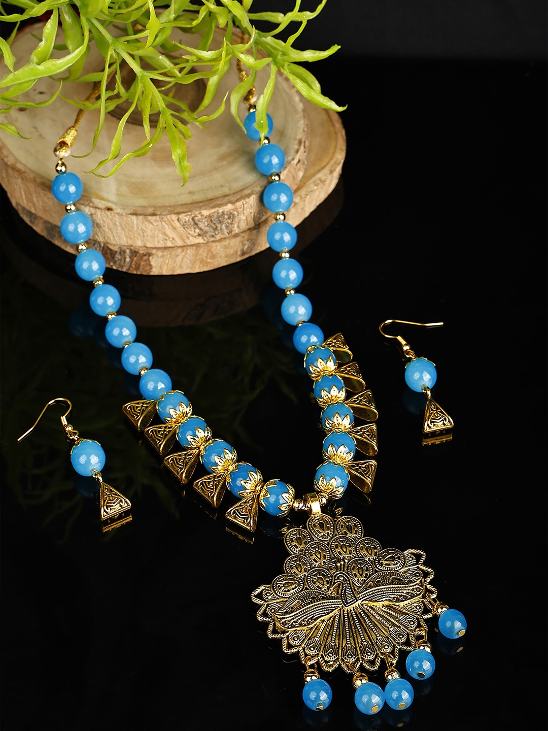 

SUNHARI Beaded Dancing Peacock Oxidised Jewellery Set, Blue