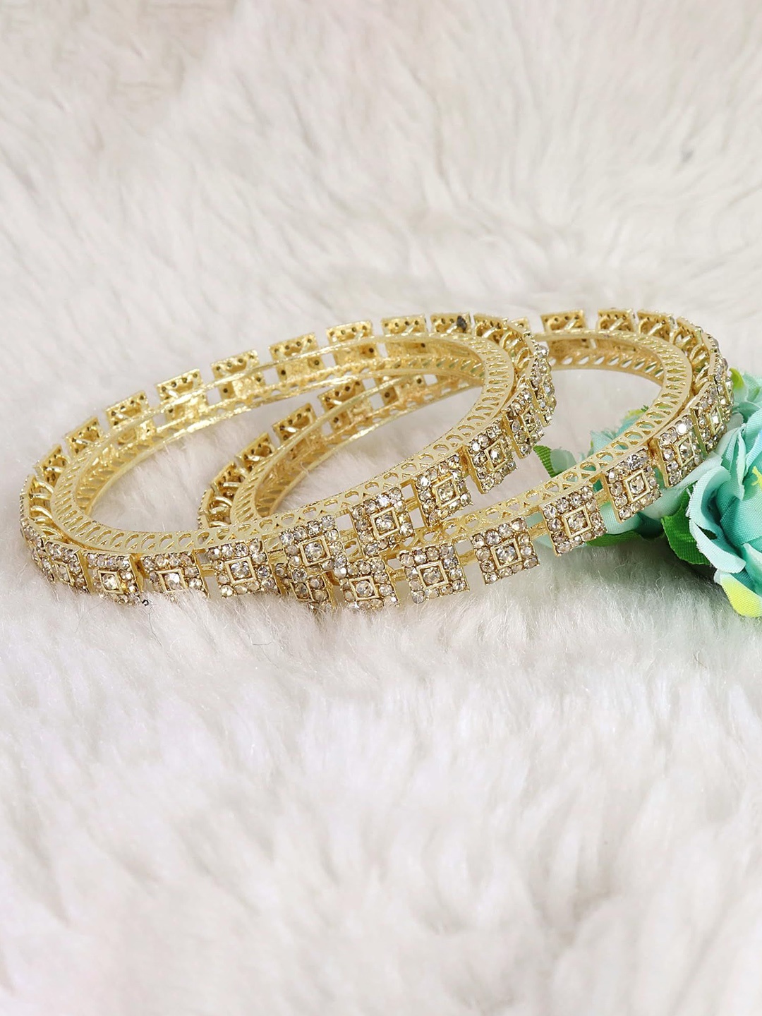 

ZULKA Set of 2 Gold Plated Metal with Zircon Stones Pacheli Style Traditional Kada For Women