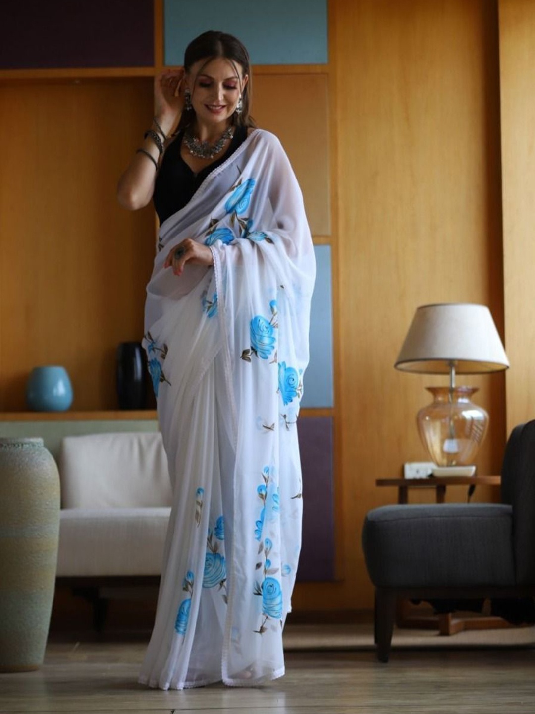 

Anouk Floral Pure Georgette Saree, White