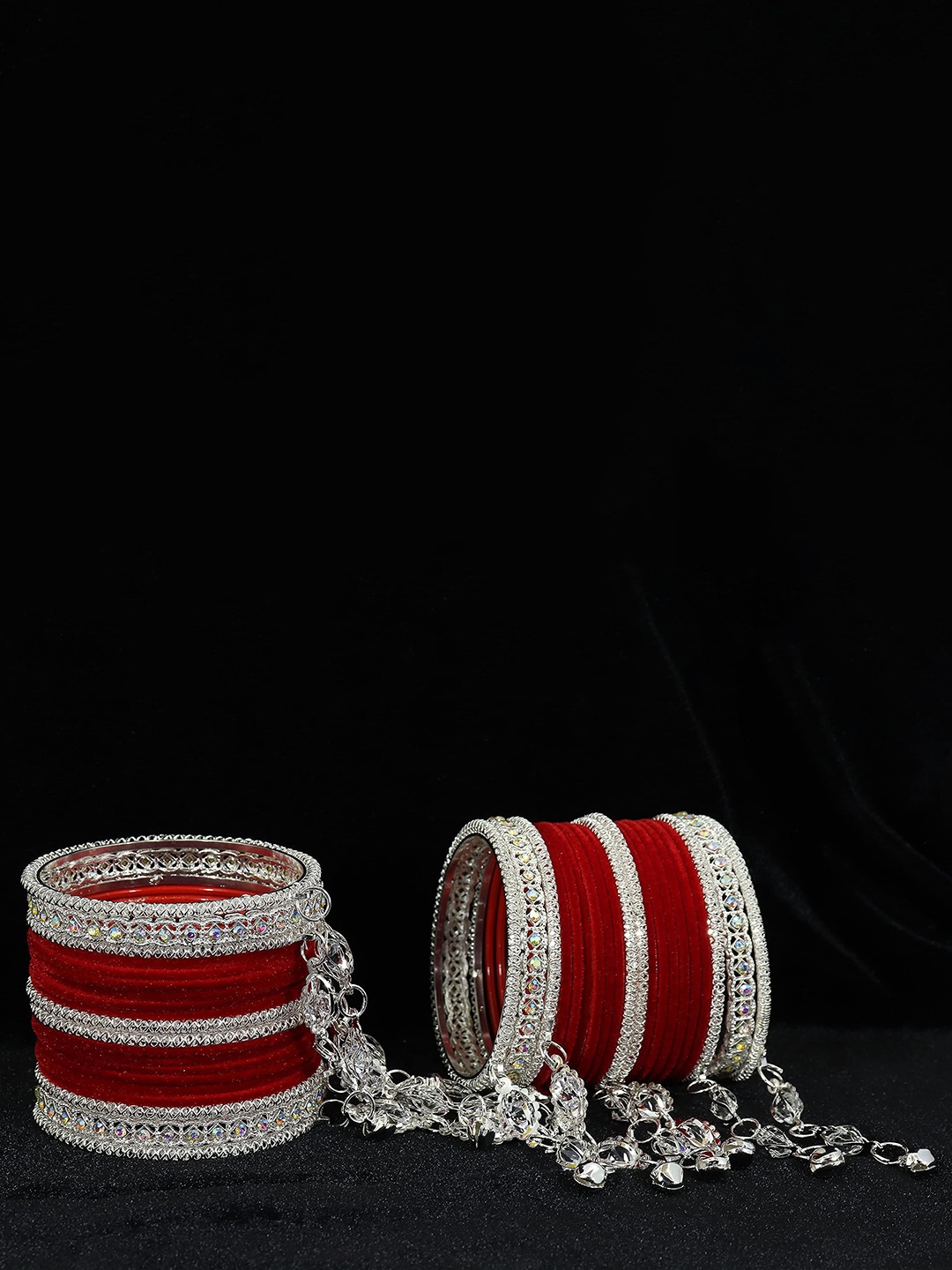 

ZULKA Pack of 78 Metal Cubic Zirconia Velvet Bangles with Bracelet Bells, Red