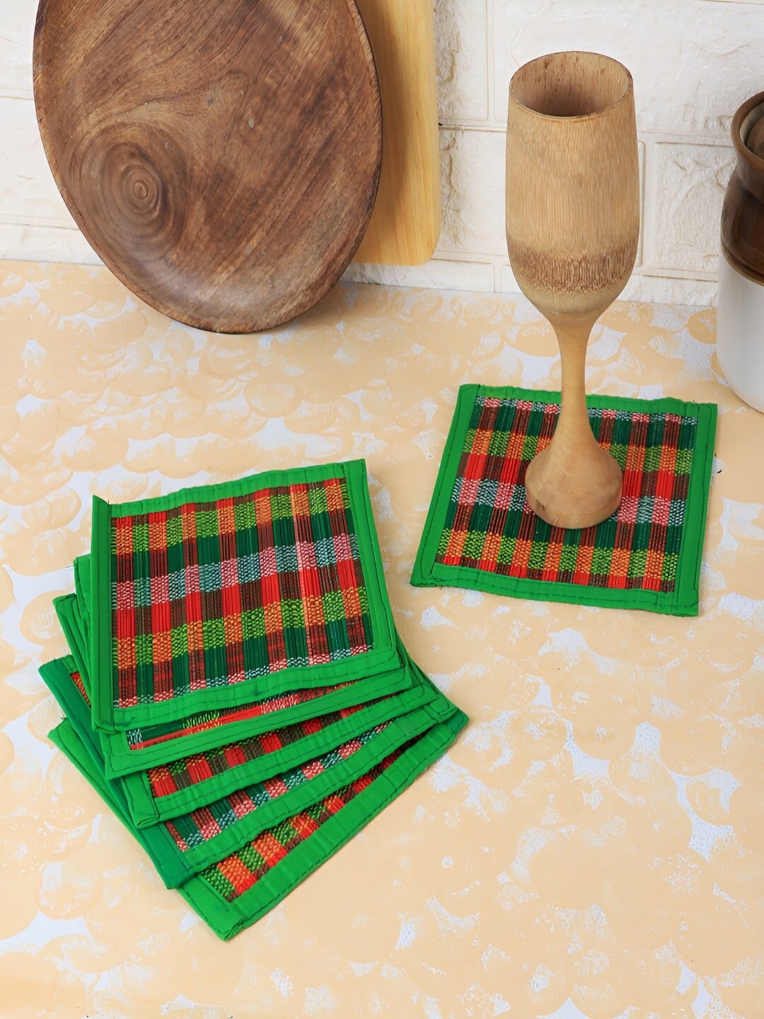 

Silpakarman Green & Red 6 Pieces Self Design Square Coasters