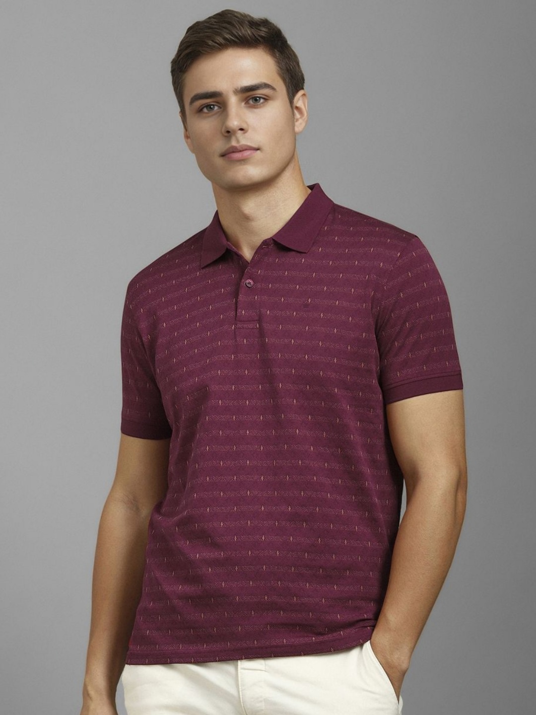 

Louis Philippe Men Striped Polo Collar Cotton T-shirt, Burgundy