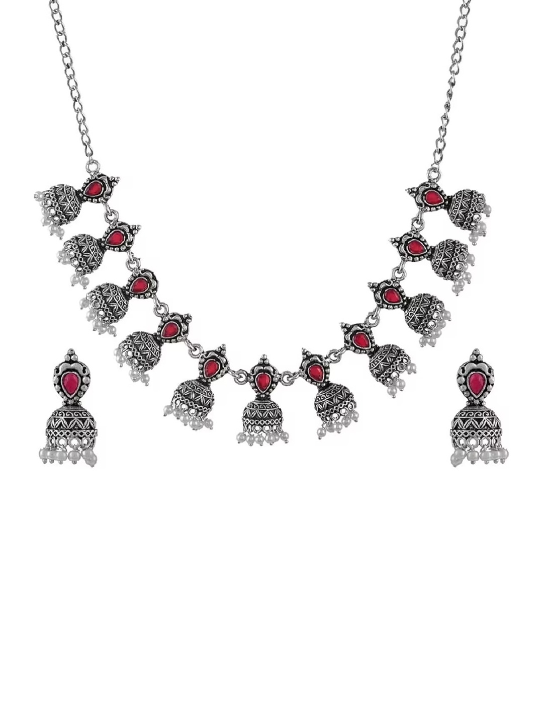 

SUNHARI Oxidized Stone Studded & Beaded Jewellery Set, Silver