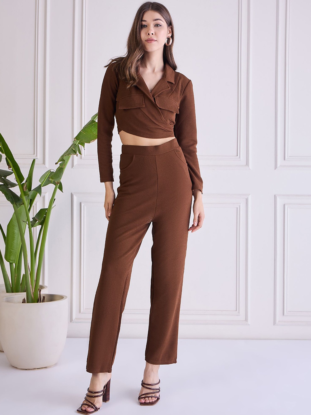 

WESTHOOD Shirt Collar Neck Casual Crop Top With Trousers Co-Ords, Coffee brown