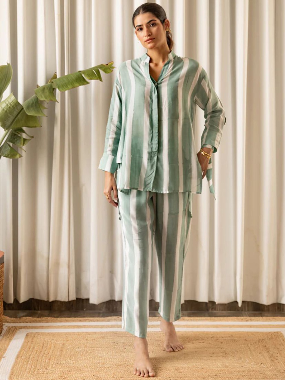 

NIJANAND TEXTILE Mandarin Collar Striped Pure Cotton Top With Trouser, Green
