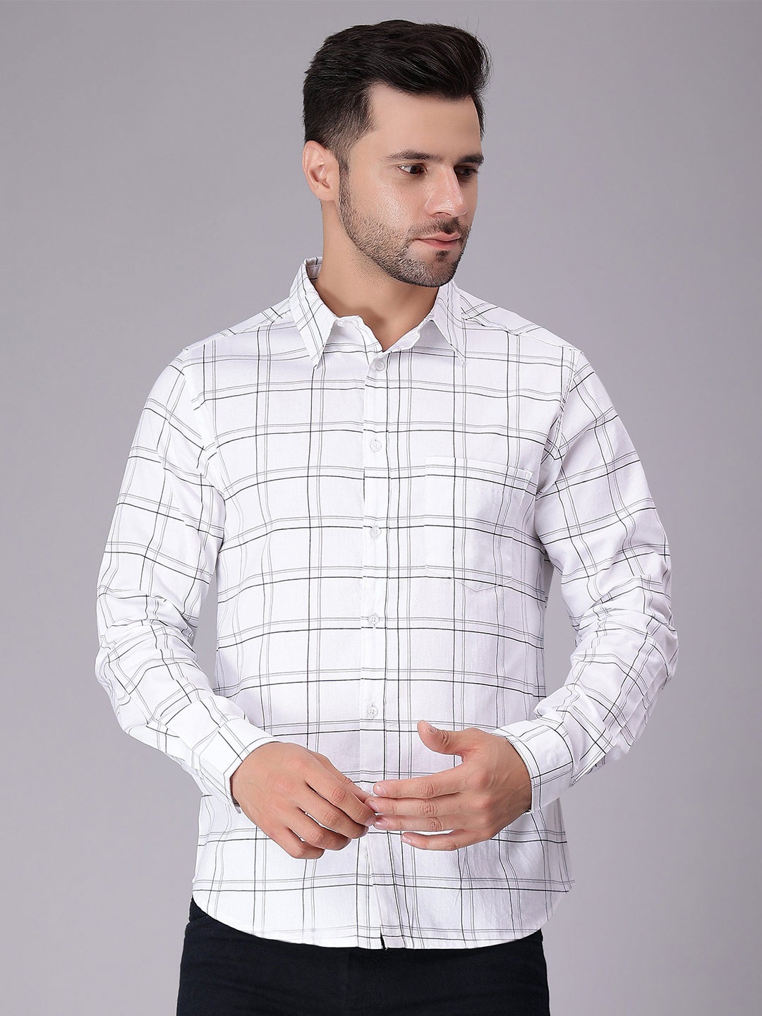 

HERE&NOW Men Comfort Spread Collar Tartan Checked Cotton Casual Shirt, White