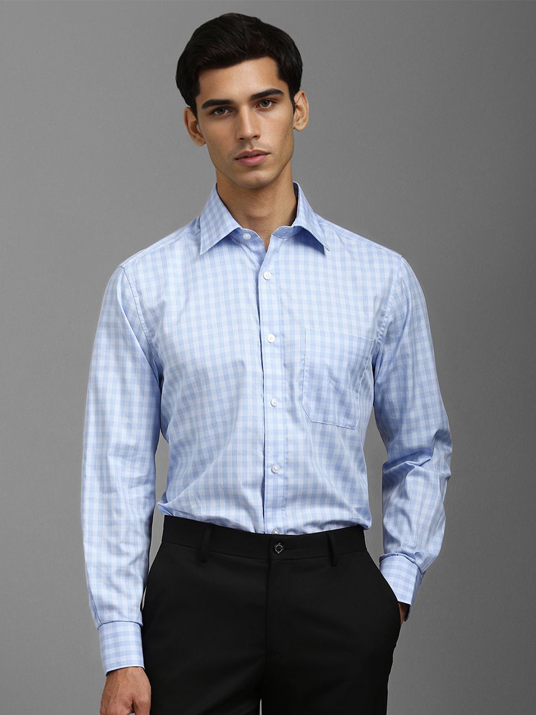 

Louis Philippe Men Spread Collar Micro Checked Cotton Formal Shirt, Blue