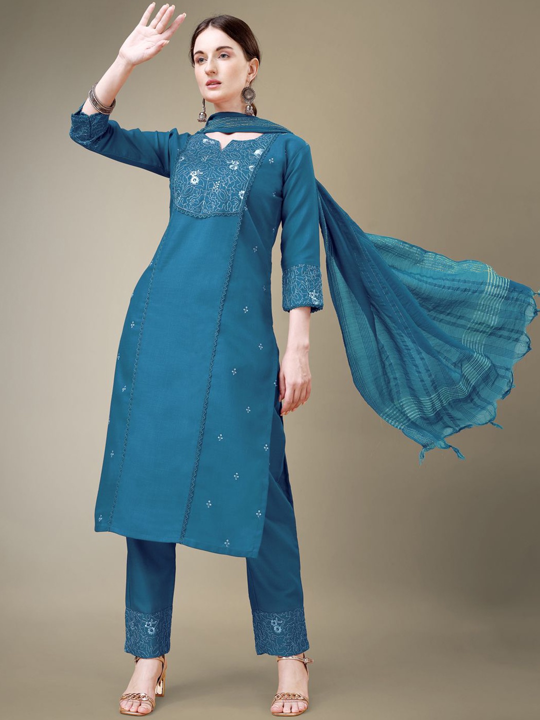 

BERISTON Floral Embroidered Kurta with Trousers & Dupatta, Blue