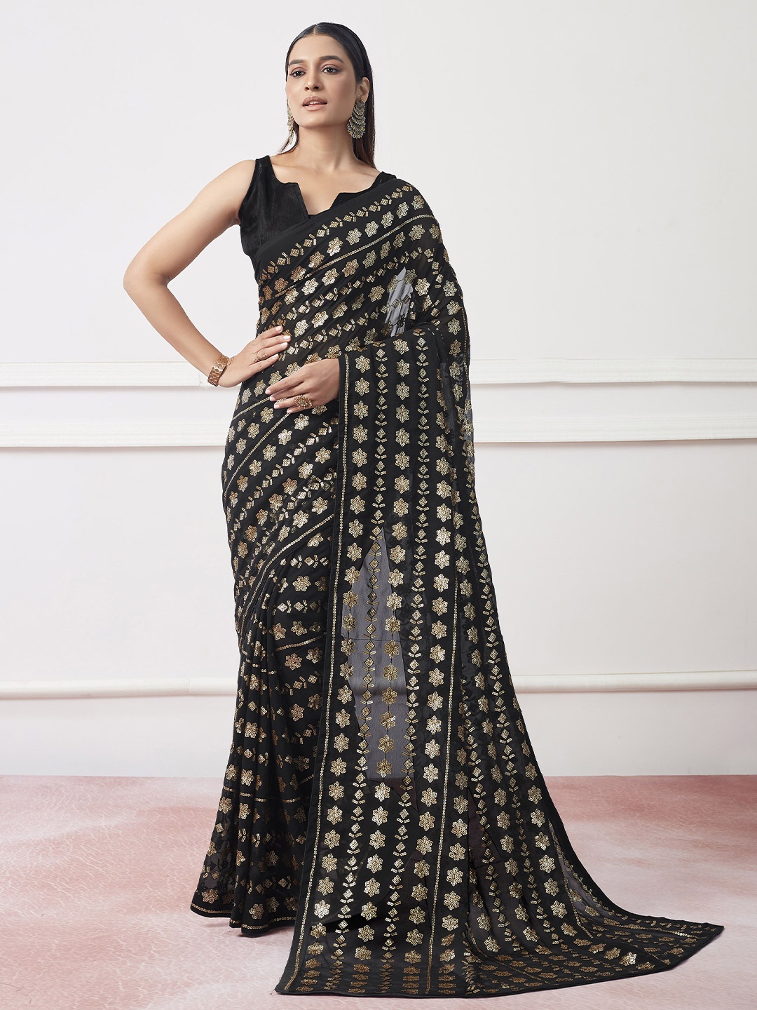 

KSM PRINTS Embellished Sequinned Pure Georgette Saree, Black