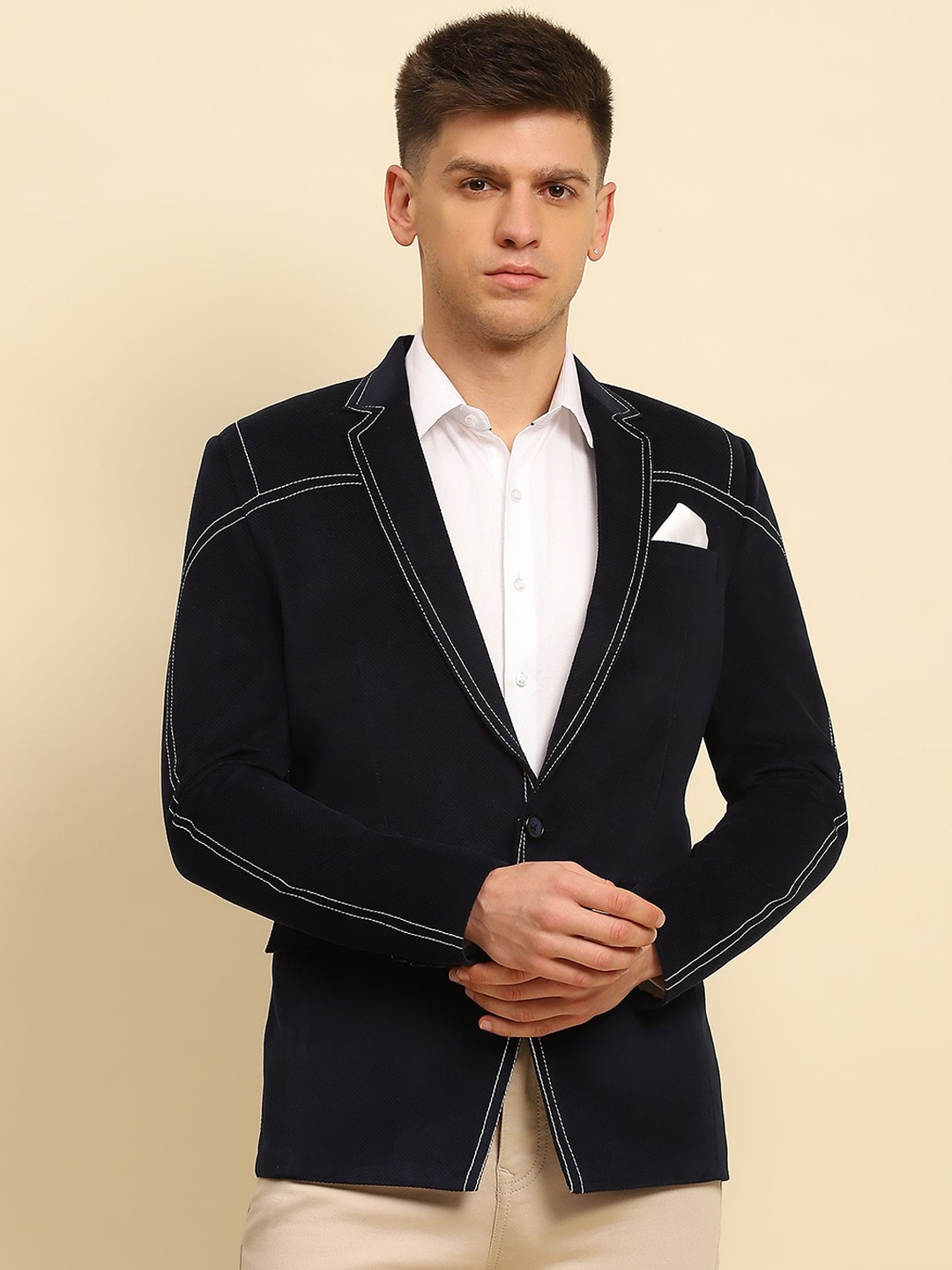 

Global Republic Men Notch Lapel Collar Long Sleeves Blazer, Navy blue