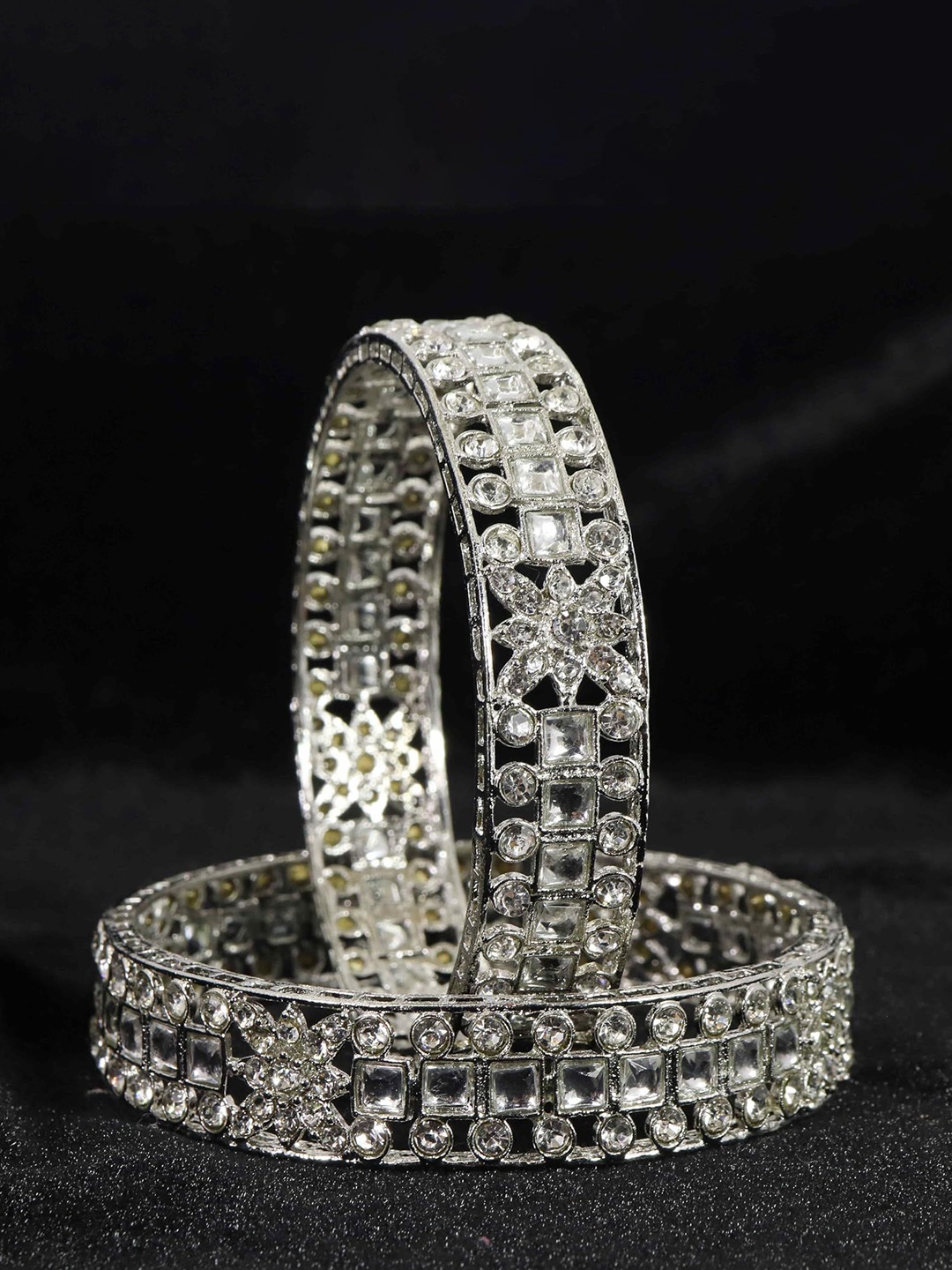 

ZULKA Set of 2 American Diamond Stone Silver Plated Metal Bangles
