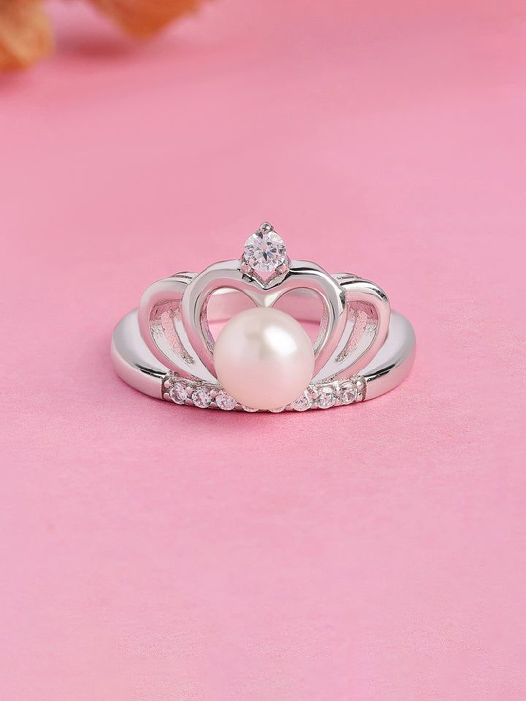 

Ornate Jewels 925 Sterling Silver Rhodium Plated Stone Studded & Beaded Finger Ring, White