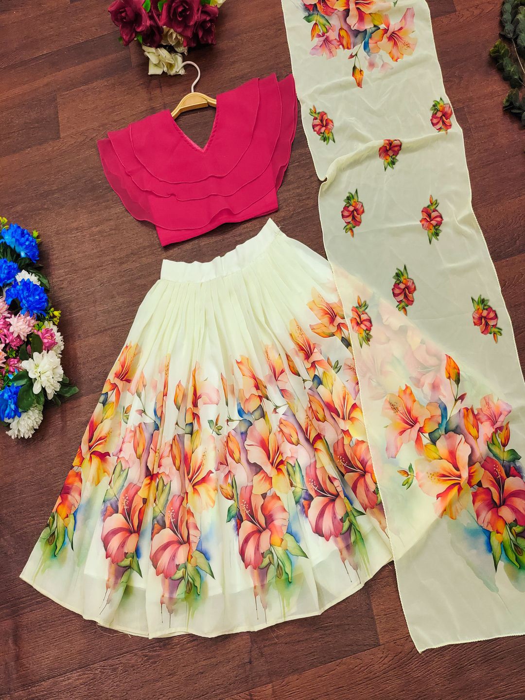 

BAESD Girls Printed Ready to Wear Lehenga & Blouse With Dupatta, Pink