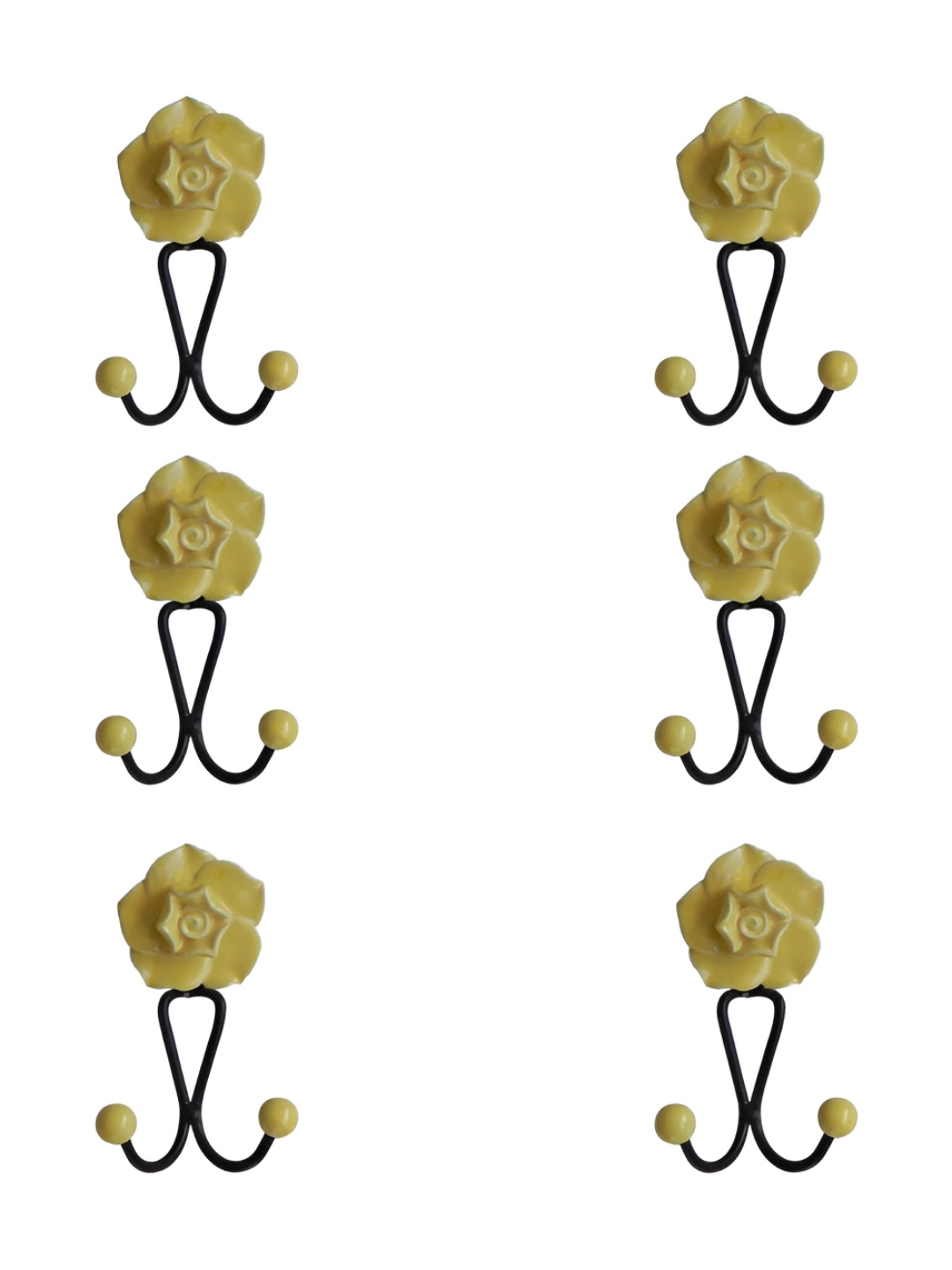 

IndianShelf Yellow & Black 6 Pieces Textured Ceramic Flower Shaped Wall Hooks