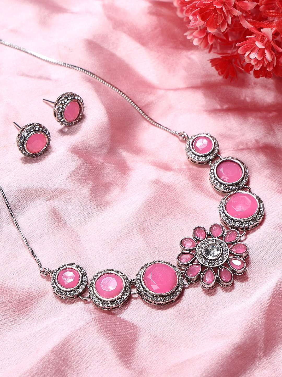 

SUNHARI Stone-Studded Necklace & Earrings, Silver