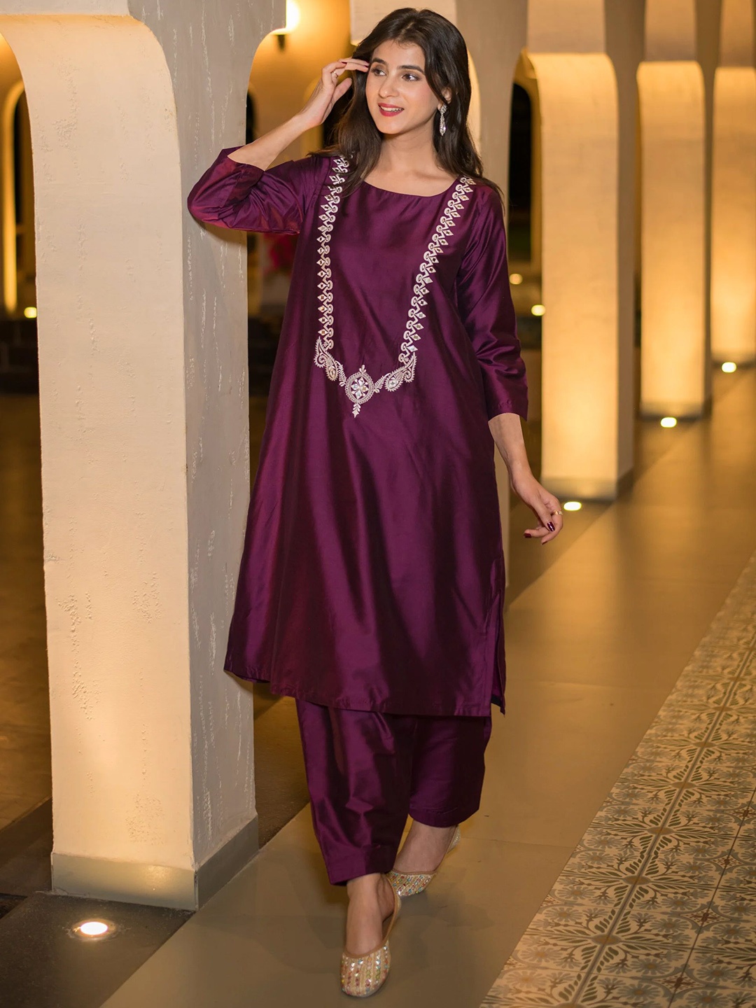 

GoSriKi Women Ethnic Motifs Embroidered Regular Mirror Work Kurta with Salwar, Magenta