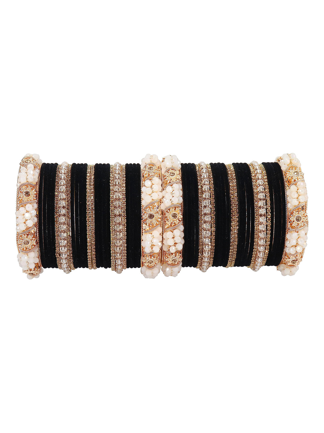 

ZULKA Set of 52 Alloy Metal with Zircon Gemstone Pearls & Velvet Studded Bangles, Black