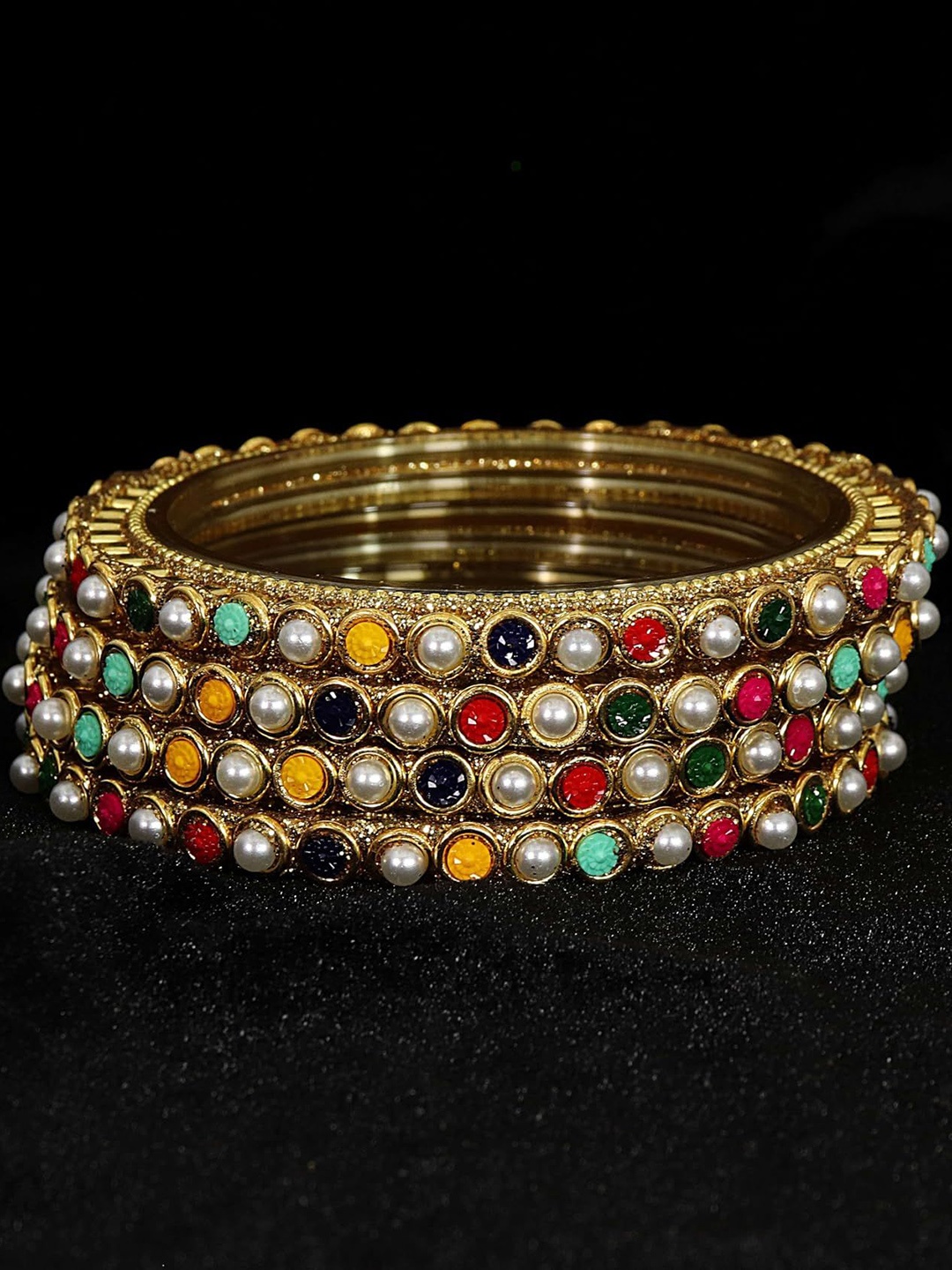 

ZULKA Set Of 4 Gold Plated Stones and Beads Studded Bangles