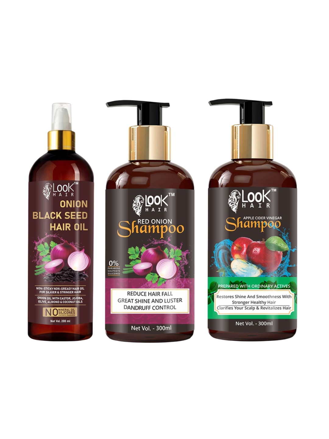 

LOOK HAIR Set Of 3 Onion Black Seed Oil, Red Onion Shampoo & Apple Cider Shampoo