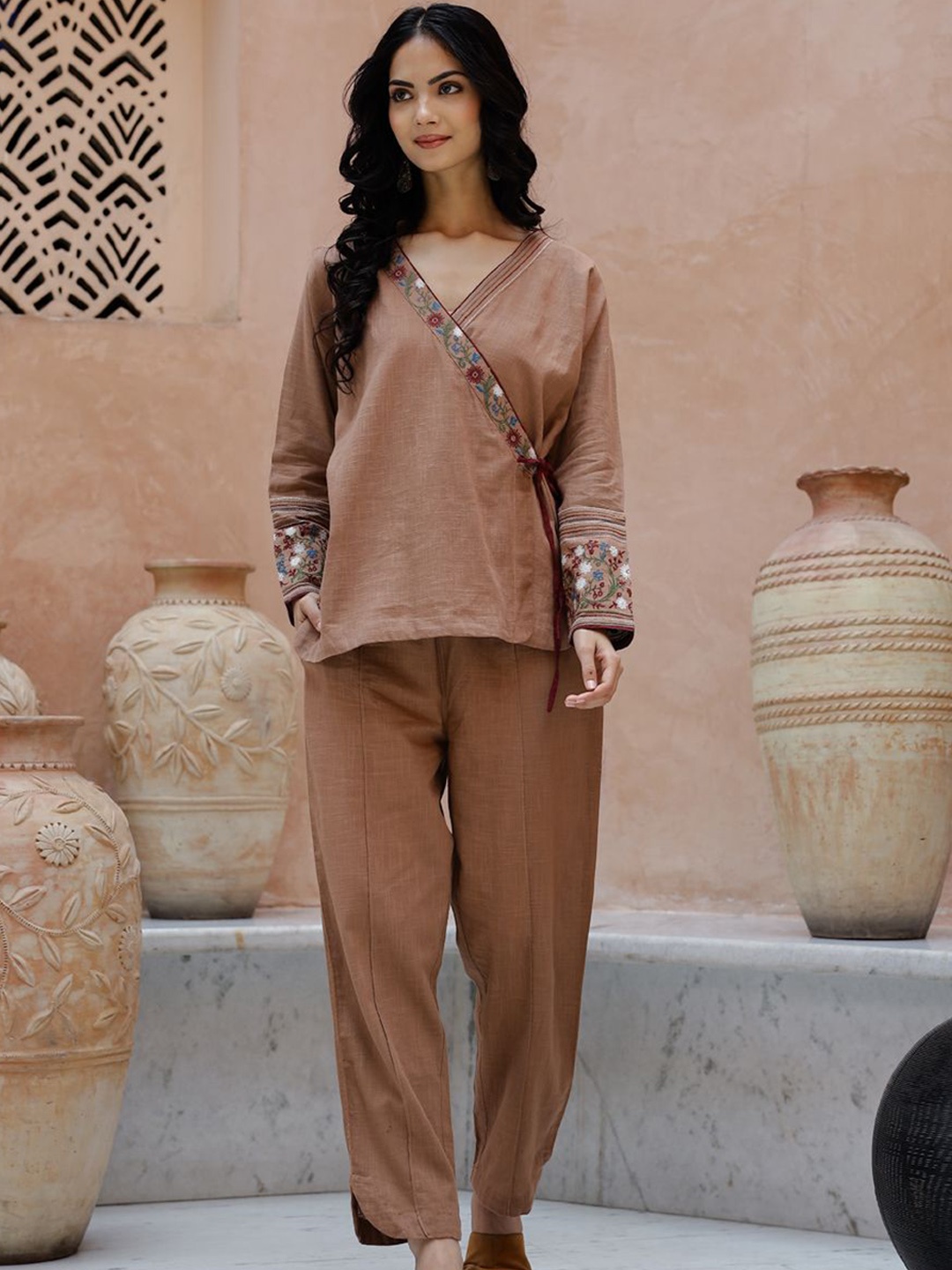 

RangDeep Embroidered Pure Cotton Top & Trouser, Brown