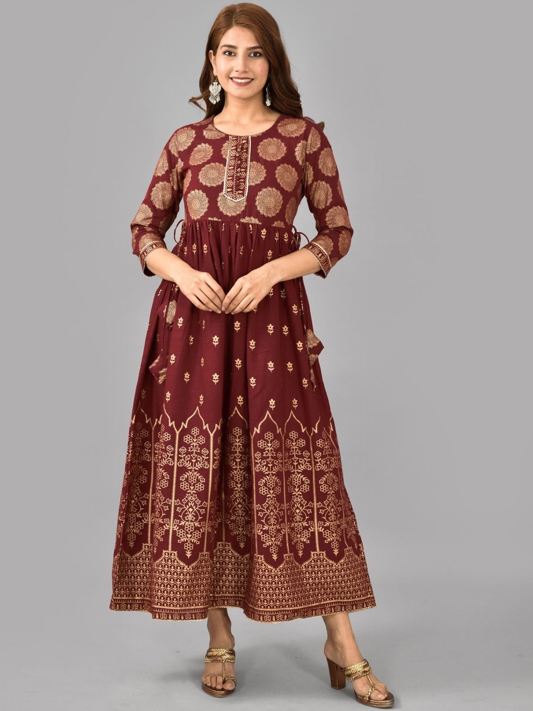 

KALINI Round Neck Floral Printed Liva Fit and Flare Ethnic Dress, Maroon