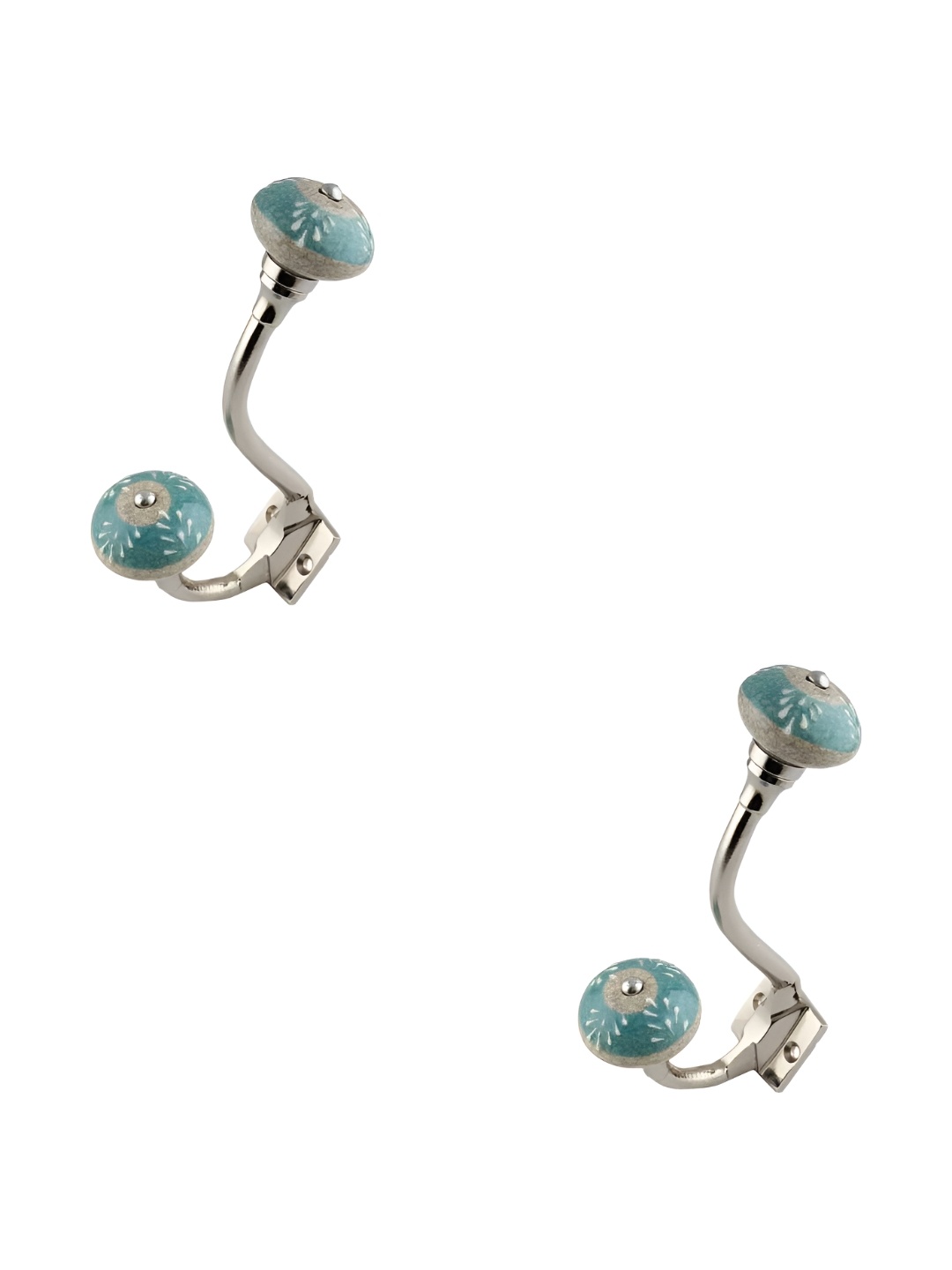 

IndianShelf Silver-Toned & Sea Green 2 Pieces Crackle Printed Ceramic Wall Hooks