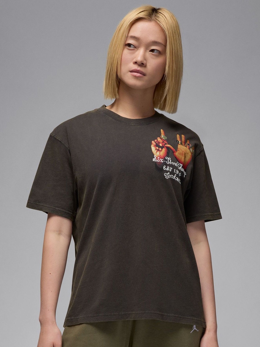 

Nike Jordan Women Graphic Printed Cotton Casual T-Shirt, Olive