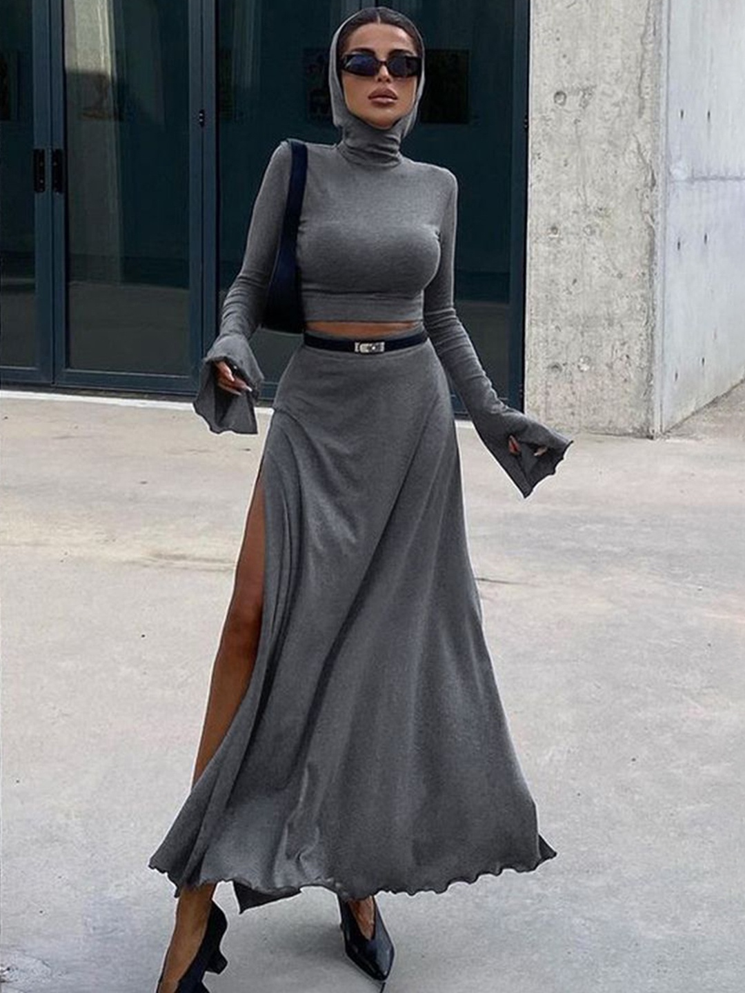 

LULU & SKY Hooded Long Sleeves Top With Skirt, Grey