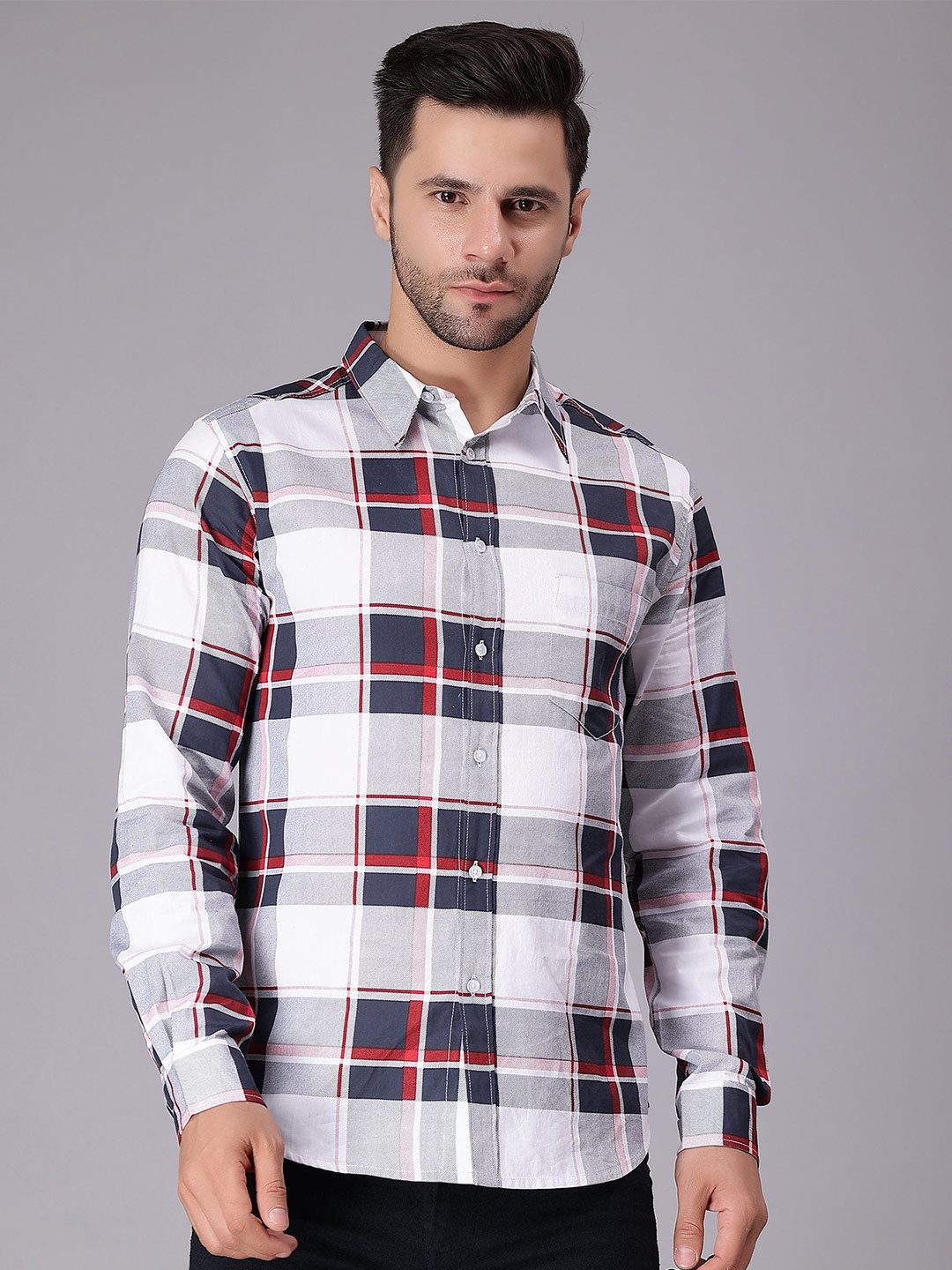 

HERE&NOW Men India Slim Spread Collar Tartan Checked Cotton Casual Shirt, Grey
