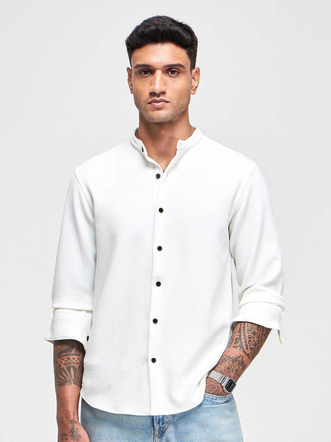 

Red Flame Men Band Collar Textured Cotton Linen Casual Shirt, White