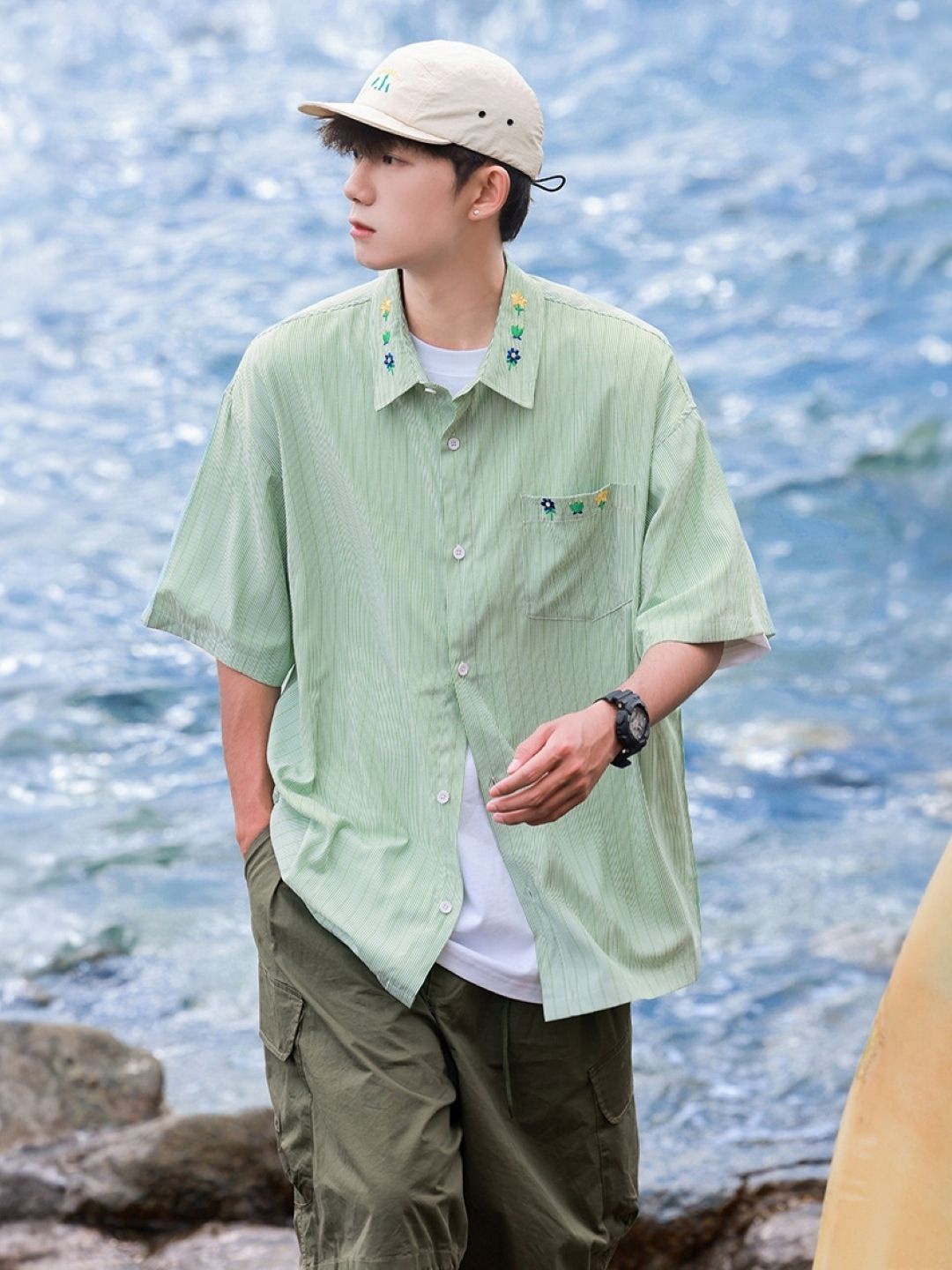 

HERE&NOW Men Original Vertical Striped Oversized Casual Shirt, Green