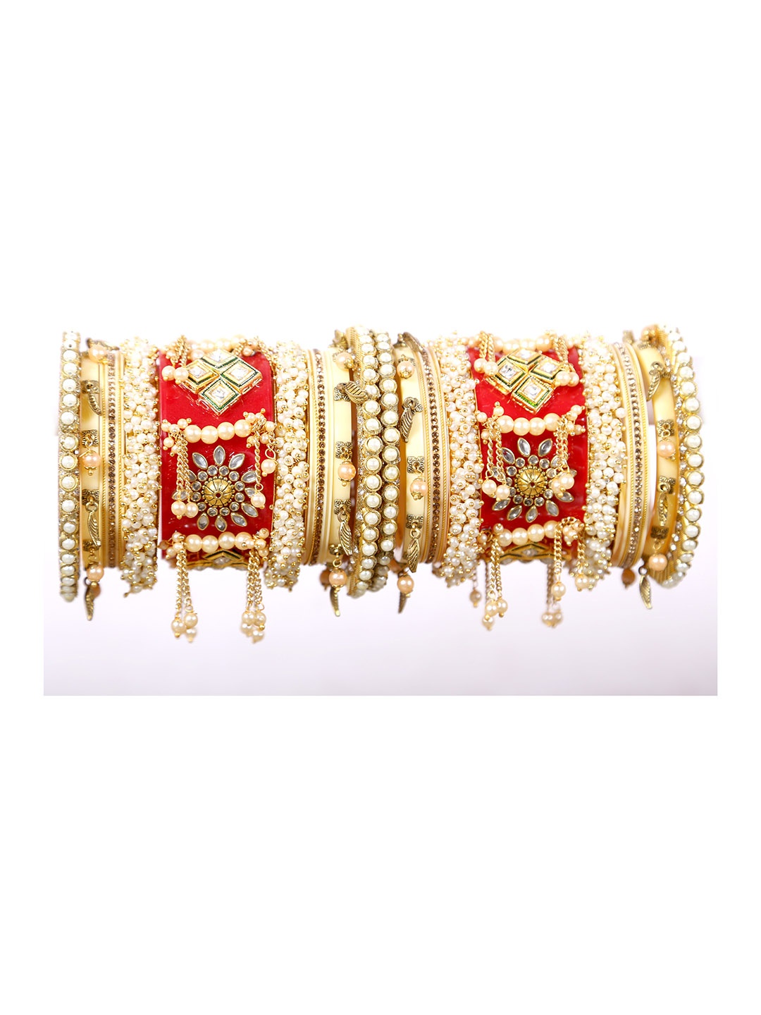 

Align Set Of 2 Gold-Plated Stone-Studded & Pearl Beaded Bangles