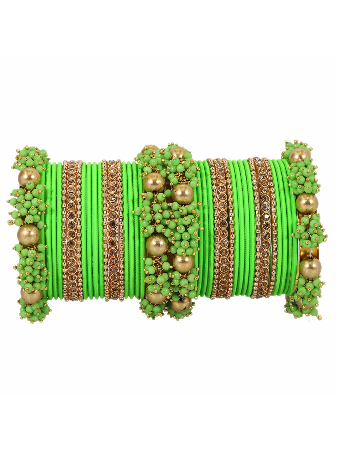 

ZULKA Set of 34 Metal with Zircon Gemstone and Velvet Studded Bangles, Green