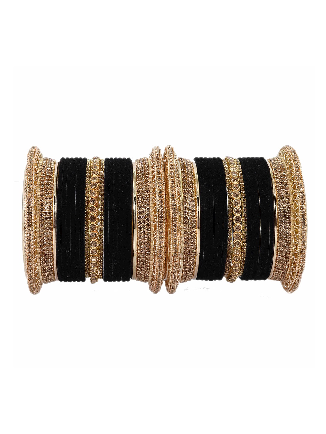 

ZULKA Set of 34 Alloy Artificial Stones Studded Traditional Velvet Bangle, Black