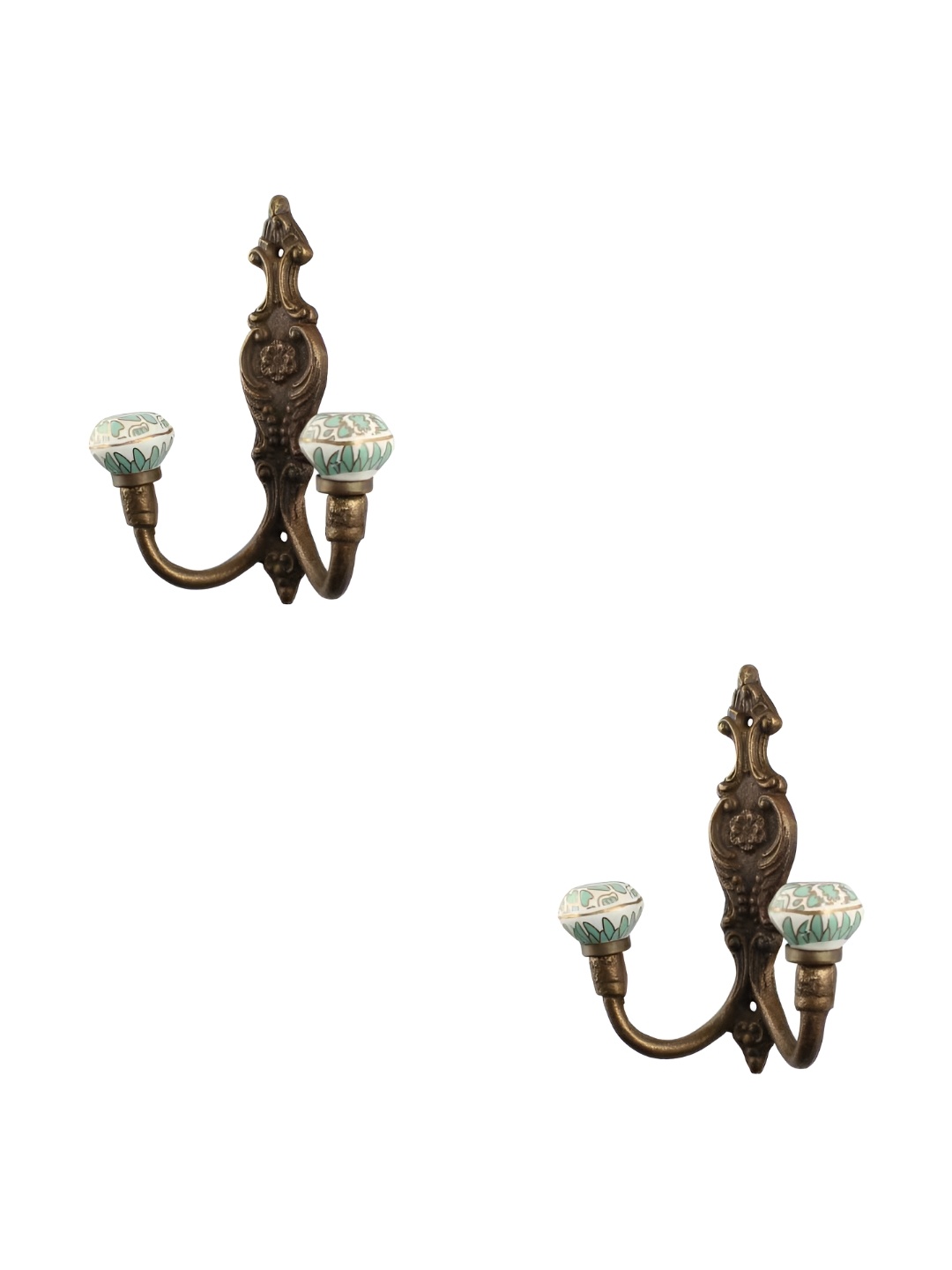 

IndianShelf Green & White 2 Pieces Ceramic Robe Wall Mounted Hooks Kitchen Hanger